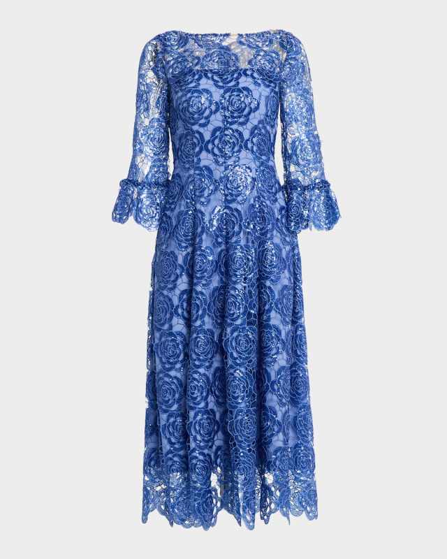 Paillette Rose Lace 3/4-Sleeve Midi Dress